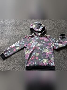 Young & Reckless Floral Hooded Pullover in Charcoal, Purple & Teal